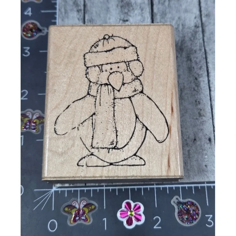 Dots Peter Penguin N227 Winter Scarf Rubber Stamp Wood #J97
